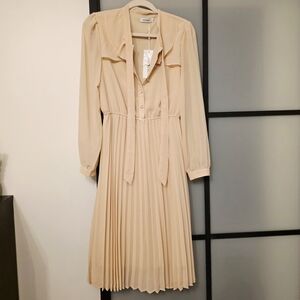Chic Long Sleeve Pleated Dress in Cream